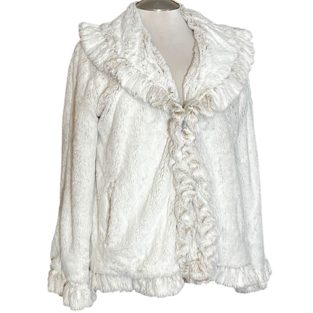 Damsalle Off White Womens Faux Fur Long Sleeve Ruffle Jacket